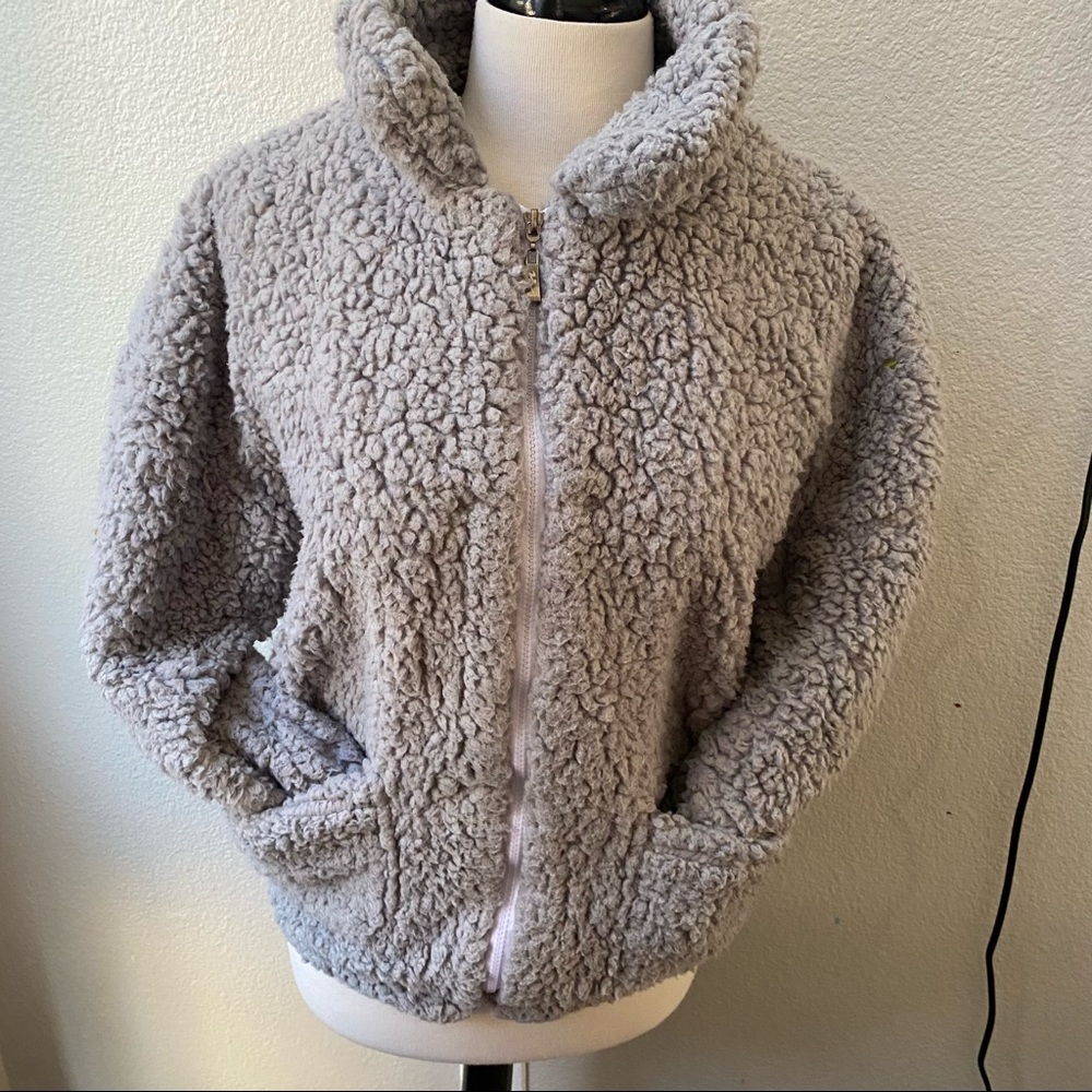 fhillinuo gray fuzzy fleece sherpa sweater jacket
